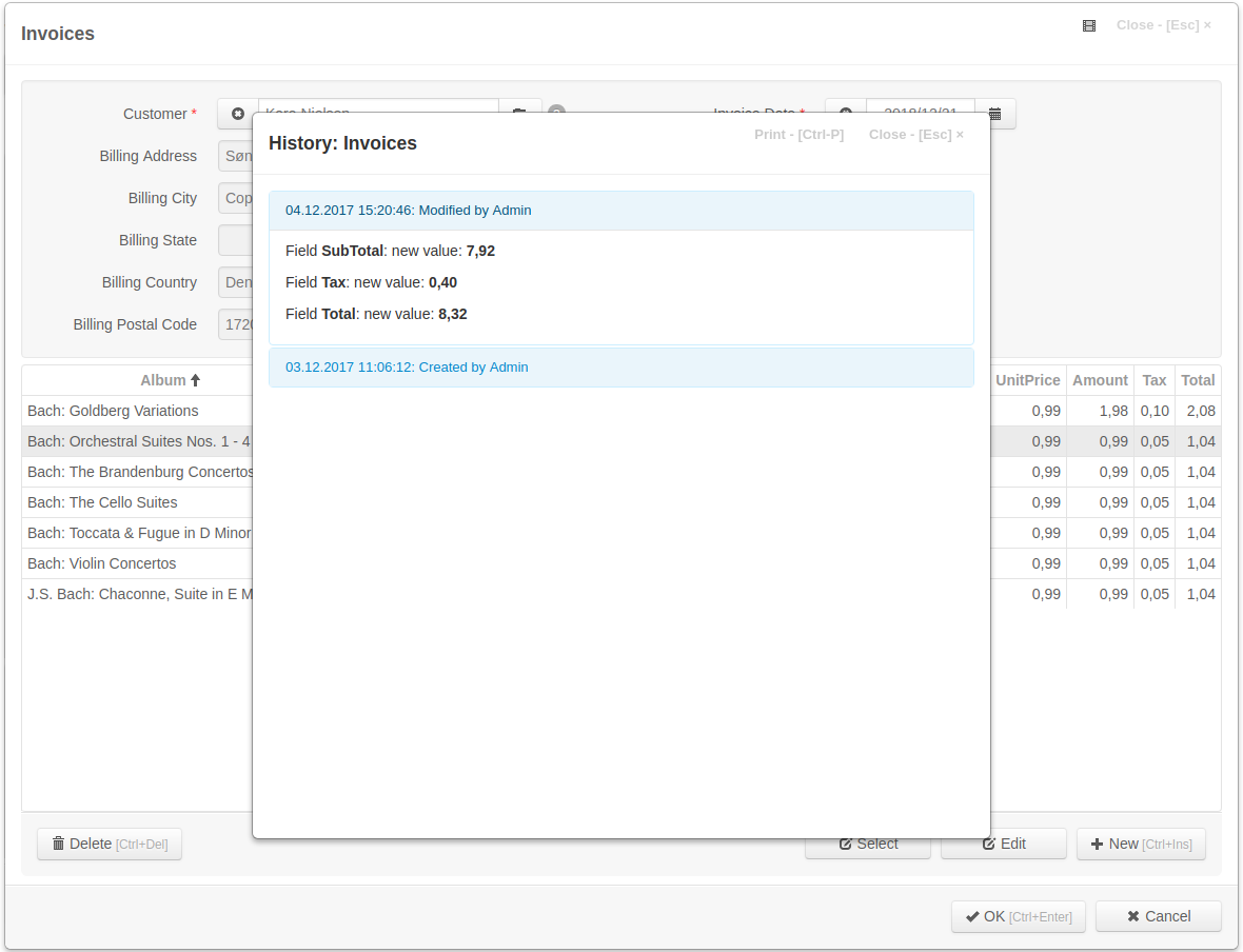Invoices history