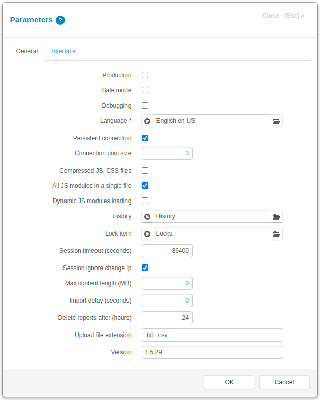 Project parameters dialog