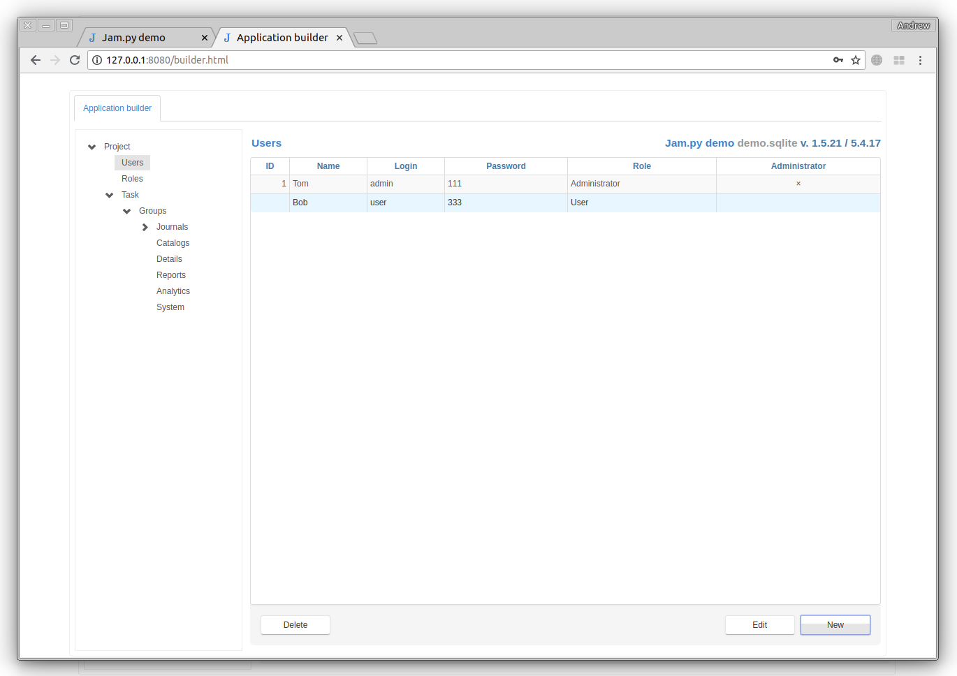 Jam.py Application builder Users